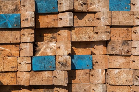 Stacked cut rectangular and square pieces of lumber, Quebec, Canada, North America