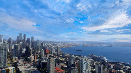 Panoramic view of Seattle Bell Harbor Marina and Seattle financial downtown skyline panorama