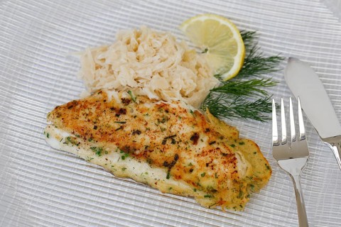 Swabian cuisine, fillet of Lake Constance whitefish with herbs and creamed cabbage, sauerkraut,