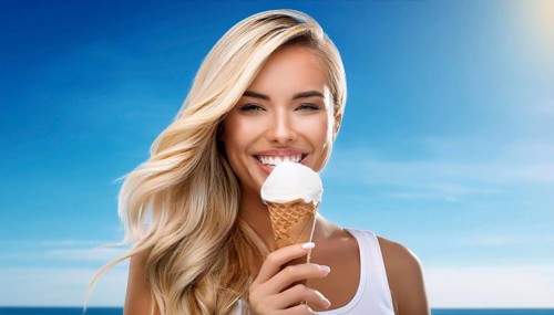 A blonde woman enjoys eating an ice cream in a cone