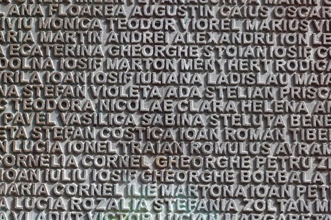 Banat, Timisoara, Timisoara, old town centre, names on a fountain, metal plate with names, Romania,