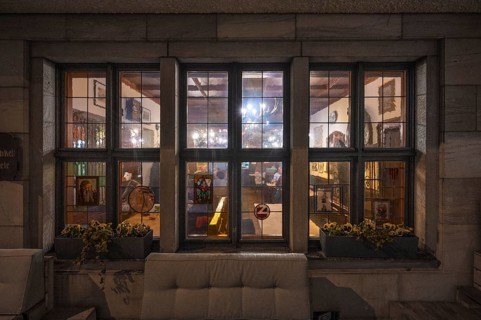 View through the window into a historic Franconian wine tavern, Nuremberg, Middle Franconia,