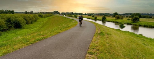 Cyclist on a cycle path by the river, landscape in the Lower Oder Valley National Park, Criewen,