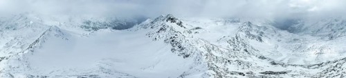 Aerial view, Snowy mountain landscape in fog, Ortler group, Trento, Italy, Europe