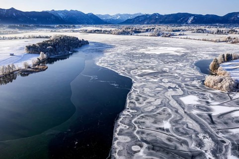 Aerial view of ice formations on a frozen lake, winter, Riegsee, Alpine foothills, Upper Bavaria,