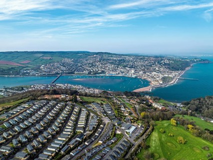 Coast View Holiday Park, Farms and Fields over River Teign from a drone, Teignmouth, Shaldon,