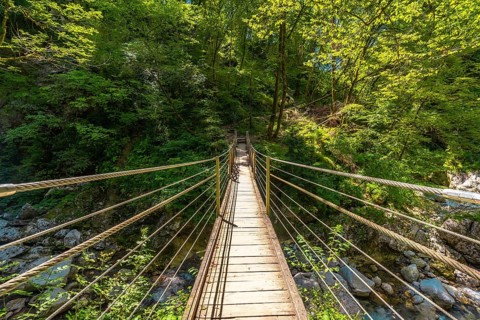 Scenic view of a wooden suspension bridge crossing over a clear stream in the lush tolmin gorges, a