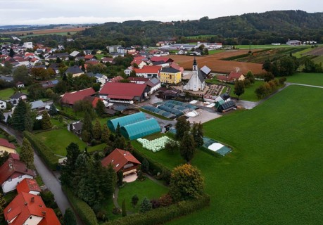 Drone image, residential buildings, view of village with church, Antiesenhofen, Innviertel, Upper