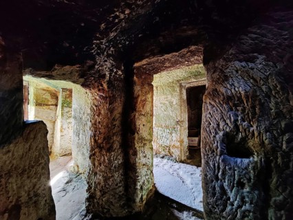 Cave flats in Langenstein, district of Halberstadt, Harz county, Saxony-Anhalt, Germany, Europe
