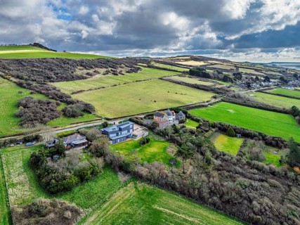 Farms over Swyre and West Bexington from a drone, West Bexington Nature Reserve, S W Coast Path,