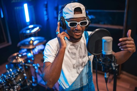 Young fashionable artist wearing headphones and sunglasses, singing into a microphone and recording