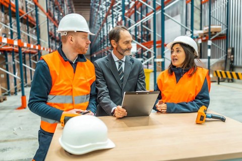 Warehouse workers and manager discussing logistics using a clipboard in a large distribution center