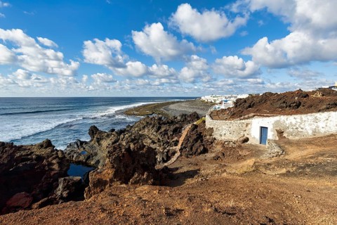 Fishing village on the rocky west coast, black lava coast, coastline, Cumulus, El Golfo, Yaiza,