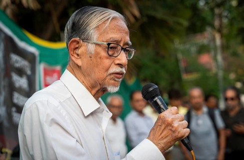 Hiren Gohain, a leading intellectuals of Northeast India speaks as he protest over Pahalgam terror