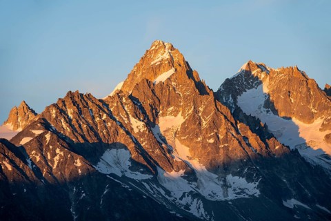 Rocky peaks at sunset, alpenglow, Aiguille de Chardonnet and Aiguille d'Argentière, Mont Blanc