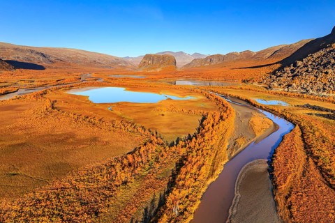 Lake, river, river delta, autumn colours, autumn, mountains, sunny, aerial view, Rapadalen, view of