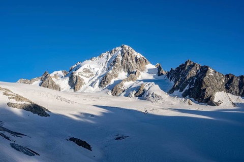 High alpine mountain landscape, summit of the Aiguille de Chardonnet and Glacier du Tour, glaciers