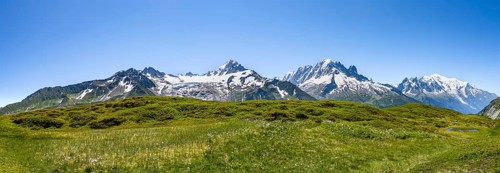 Mountain panorama with glaciated mountain peaks, Aiguille de Chardonnet with Glacier du Tour,
