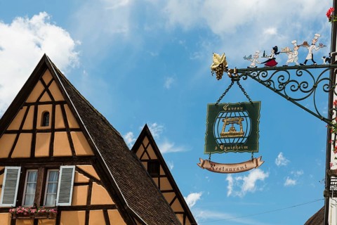 Restaurant sign, Eguisheim, Plus beaux villages de France, Haut-Rhin, Alsace, Alsace, France,