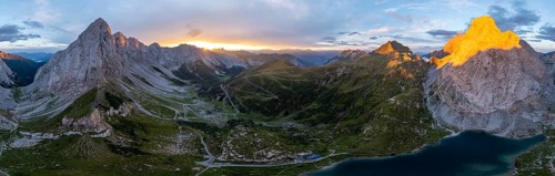 Alpine panorama, Hohe Warte and Wolayersee, sunset in the mountains, aerial view, Carnic Alps,