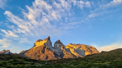 Los Cuernos, the horns, in the evening light, Torres del Paine National Park, Andes, Chile, South