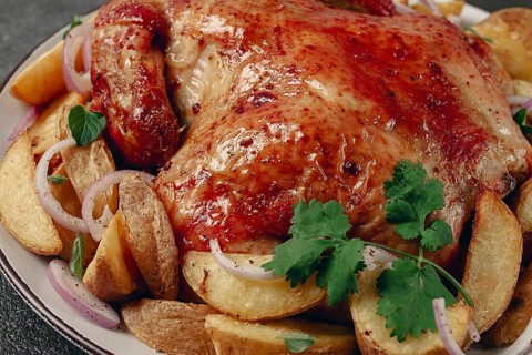 Fried, baked chicken, in the oven, with spices, and rustic potatoes, top view, homemade