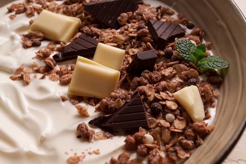Yogurt with chocolate muesli, breakfast, close-up, fork on top, no people