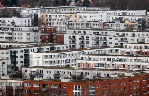 View of high-rise buildings and apartment blocks in the Berlin district of Marzahn-Hellersdorf,