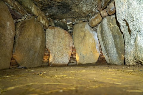 Burial chamber of the Neolithic megalithic site Klekkende Høj, Mön Island, Denmark, Europe