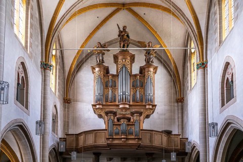 Baroque organ by organ builder Johann Michael Stumm in the interior of the collegiate church of St