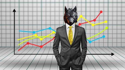 Symbolic image, wolf in a suit, stock market, industry, economy critical, exploitation, stress,