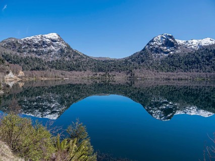 Lake Lago Quilleihue, calm surface, reflections on the water, araucaria trees, Villarica NP near