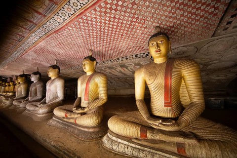 Seated Buddha statues in the Dambulla cave temple, Dambulla, Central Province, Sri Lanka, Asia