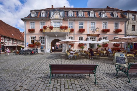 Market square with confectionery and cafe Leyhausen in Michelstadt, Odenwald, Odenwaldkreis, Hesse,