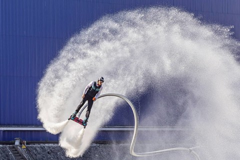 Harbour festival in Stuttgart. Spectacular jet ski and flyboard show on the Neckar. Stuttgart,