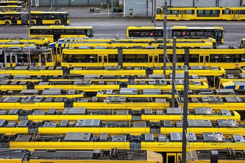 Essen, North Rhine-Westphalia, Germany, Trams at Ruhrbahn depot, Verdi and EVG warning strike,