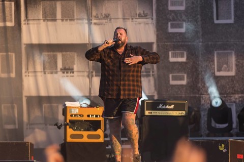 Monchi (Jan Gorkow), singer of Feine Sahne Fischfilet at the Highfield Festival on Saturday,