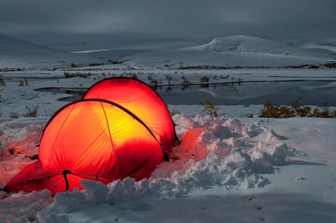 Tent in mountain landscape, Sarek National Park, World Heritage Laponia, Norrbotten, Lapland,