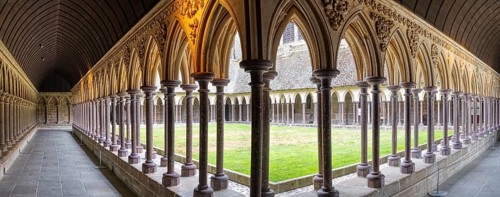 Architecturally elegant cloister with central garden courtyard, Le Mont-Saint-Michel