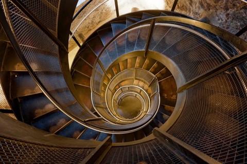 Metal spiral staircase, staircase in the historic city tower, Innsbruck, Tyrol, Austria, Europe