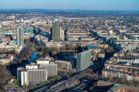 View over the city centre of Düsseldorf, Carlstadt and Friedrichstadt districts, Schwanenspiegel