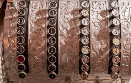 Old, mechanical cash register, currency in marks and pfennigs, numeric