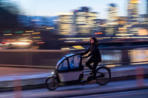 Skyline of the city centre of Frankfurt am Main, cargo bike cyclist on the rafter bridge, dusk,