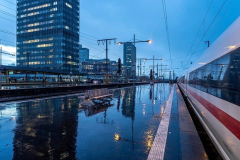 ICE train, train traffic, city centre skyline, Essen central station, North Rhine-Westphalia,