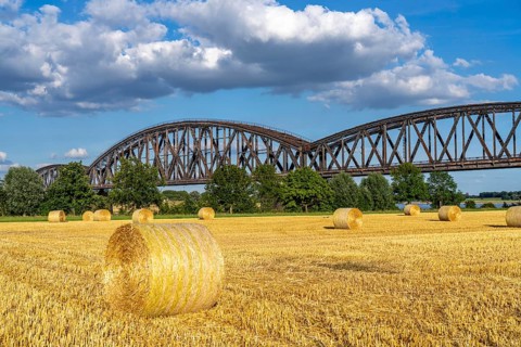 Grain field, harvested, straw bales, near Duisburg-Baerl, the Haus-Knipp railway bridge, North