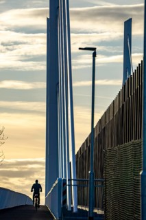 Cycle and footpath of the A40 Neuenkamp bridge, piers and stay cables of the new motorway bridge