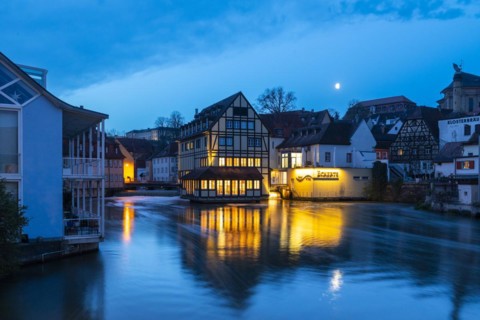 Eckert's Tavern, Regnitz, Blue Hour, Bamberg, Lower Franconia, Bavaria, Germany, Europe