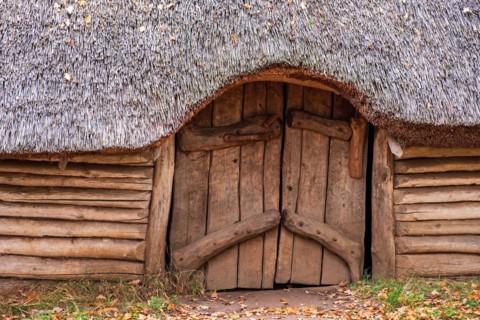 Entrance to a longhouse built of tree logs and a detached roof of reeds