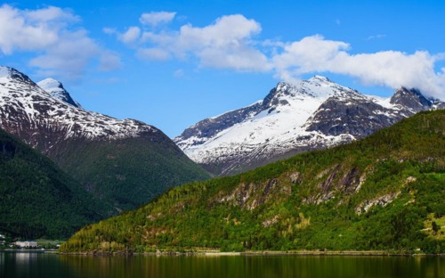 Mountains and Fjord over Norwegian Village, Olden, Innvikfjorden, Norway, Europe