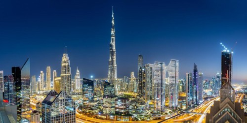 Burj Khalifa skyline tallest building in the world panorama from above in Downtown at night in